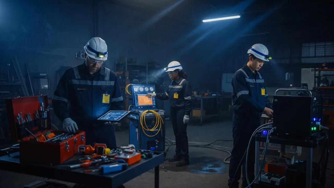 Heating engineers preparing equipment before a job