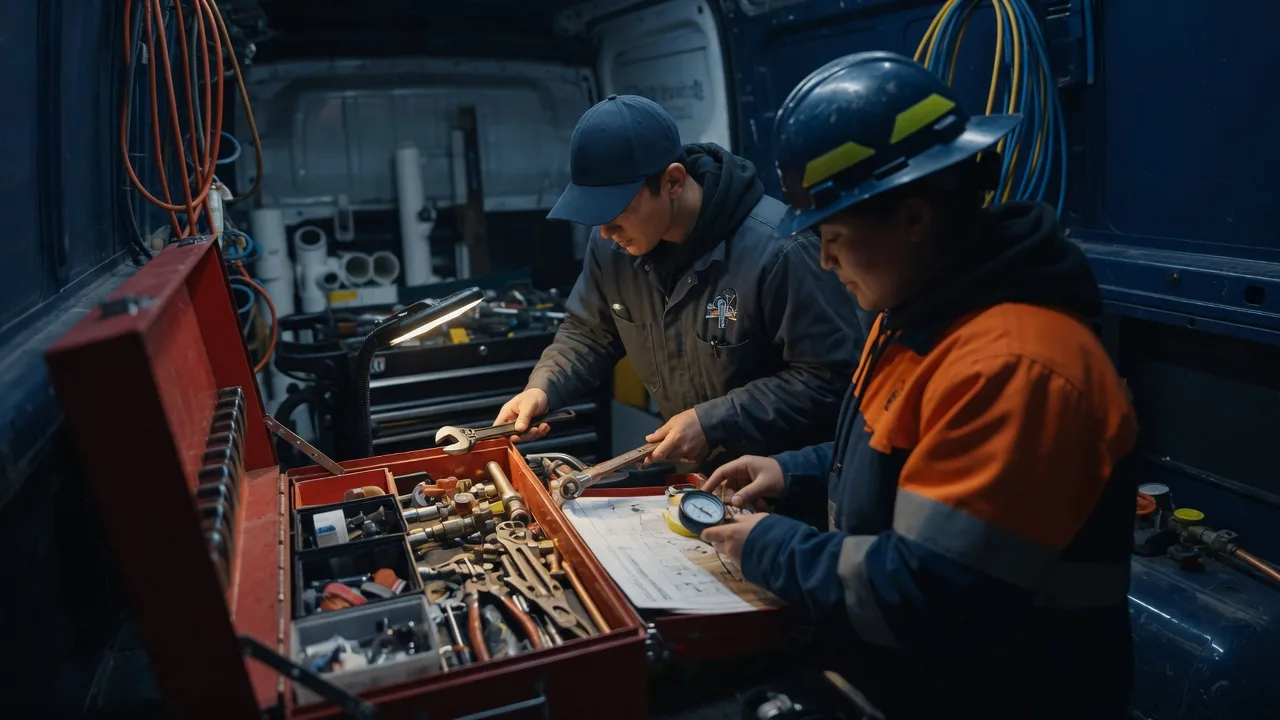 Heating engineers reviewing a system survey